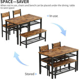 4 Pieces Dining Table Set, Industrial Dining Table with Bench and Chairs for 4, Metal Frame, Kitchen Table Set with Storage Rack