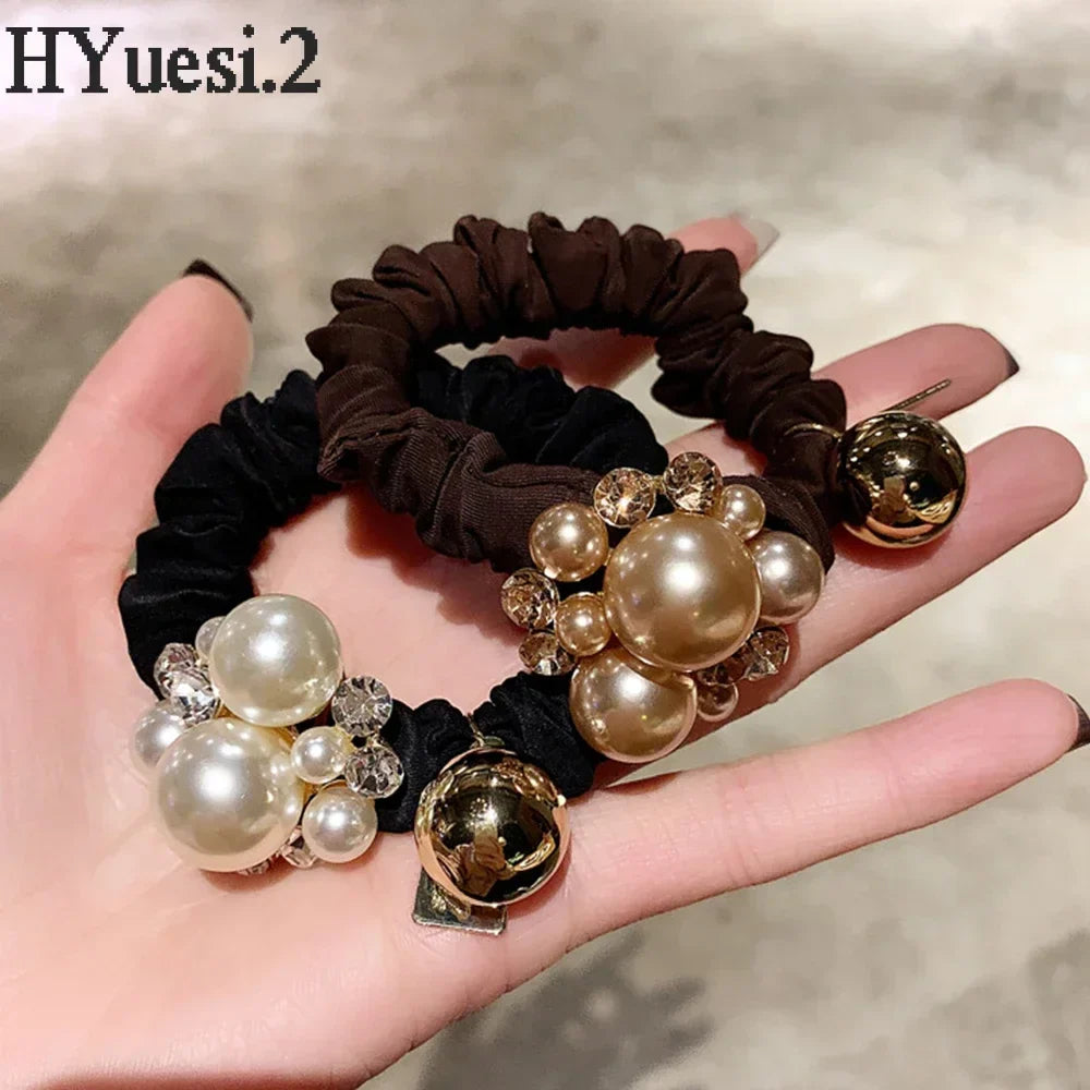 Luxury Rhinestone Pearl Hair Ties Ropes Women Girls Exquisite Elastic Crystal Beaded Ponytail Holder Scrunchies