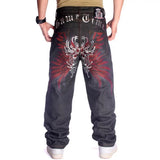 Plus Size Waist 30-46Inch Streetwear Baggy Jeans Men's Designer Clothes Embroidered Flower Wings Trousers Male