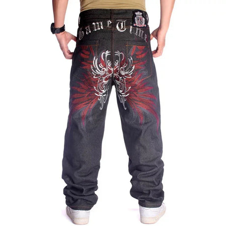 Plus Size Waist 30-46Inch Streetwear Baggy Jeans Men's Designer Clothes Embroidered Flower Wings Trousers Male