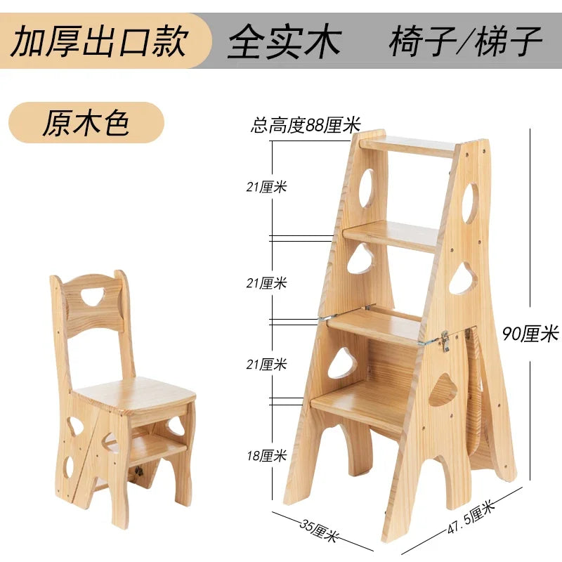 Indoor Climbing High Stools Kitchen Solid Wood Bold Ladder Chair Multi-function Ladder Stool Flip Folding Step Ladder