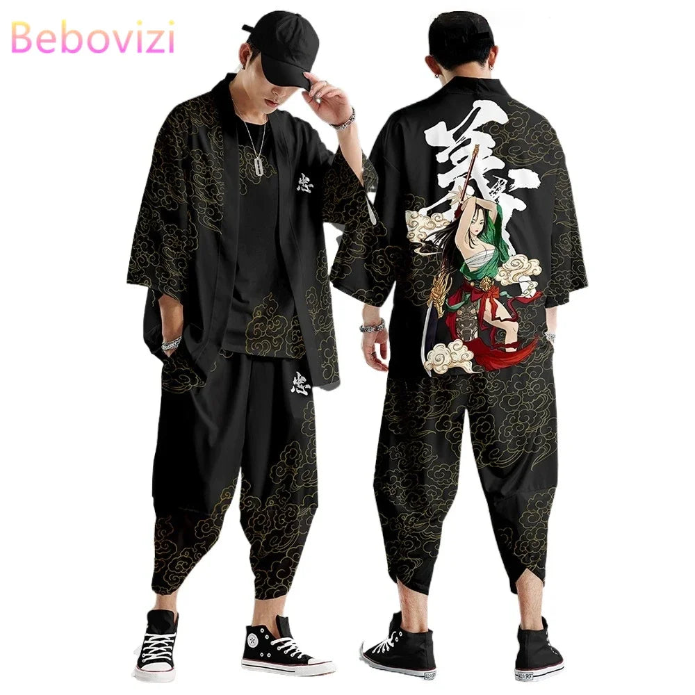 Two-piece Suit Plus Size S-6XL Loose Japanese Cardigan Women Men Cosplay Yukata Clothing Harajuku Samurai Kimono + Pants Sets