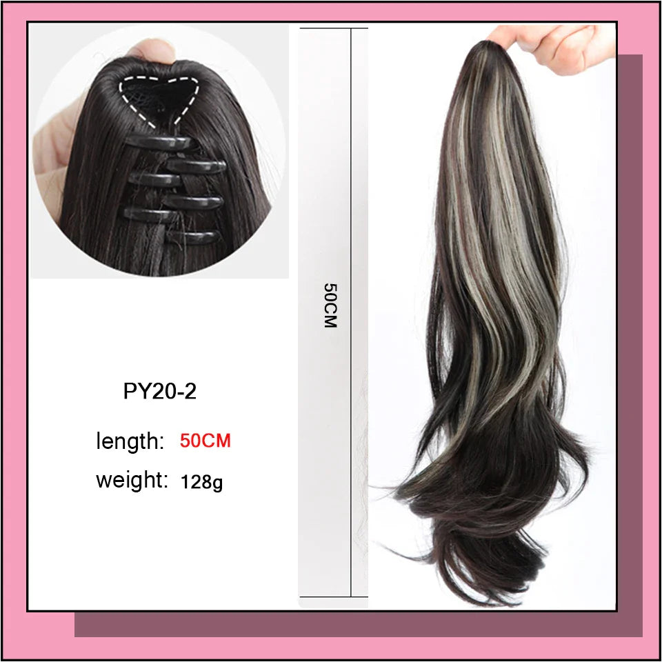 Long Wavy Straight Claw Clip On Ponytail Hair Black mixed with blue Synthetic Ponytail Hair For Women Pony Tail Hair Hairpiece