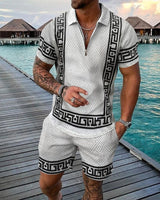 Boho Geometric Style 3D Print Men Polo shirts Set Zipper Lapel Polo Sets Zipper Collar+Shorts 2pcs Hawaii Holiday Man Clothes