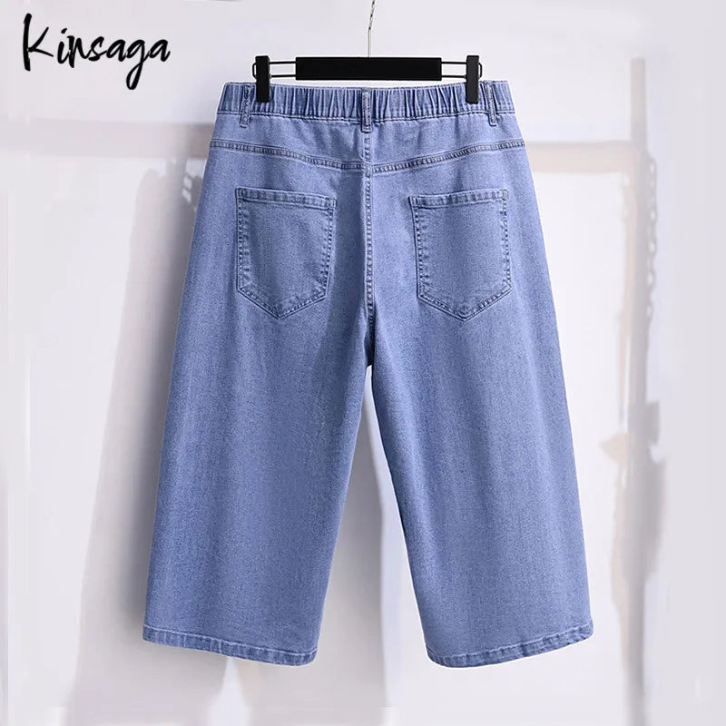 Plus Size Capris Jeans Bermudas Women 7xl Extra Large Simple Classic Elastic High Waist Straight Leg Cropped Demin Pants Female