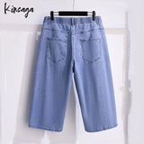 Plus Size Capris Jeans Bermudas Women 7xl Extra Large Simple Classic Elastic High Waist Straight Leg Cropped Demin Pants Female