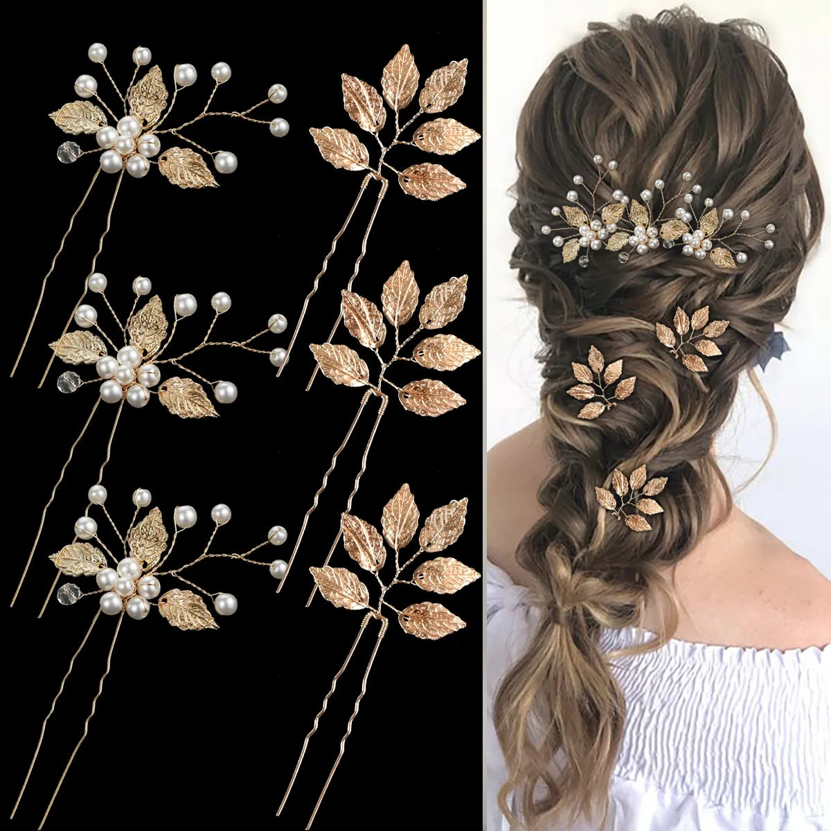 Pearl Flower Hairpin Side Comb Golden Leaf Shaped Alloy Tiaras Wedding Bride Insert Hair Clips Hair Jewelry Bride Headwear