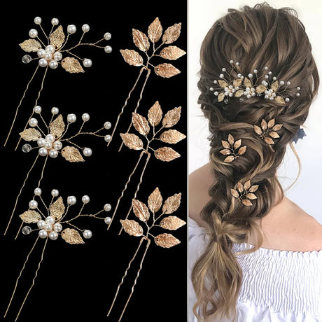 Pearl Flower Hairpin Side Comb Golden Leaf Shaped Alloy Tiaras Wedding Bride Insert Hair Clips Hair Jewelry Bride Headwear