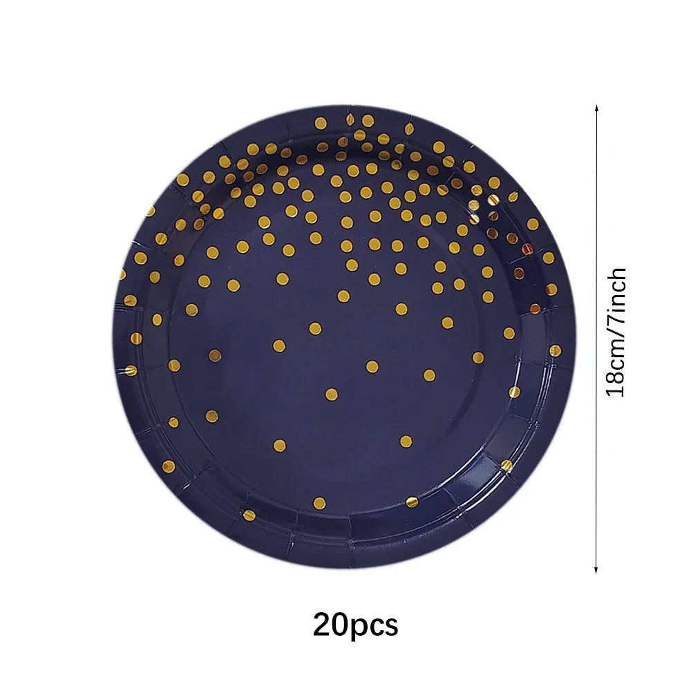 Dark Blue Gold Dot Disposable Tableware Set Paper Plates Cups Napkins Straw for Birthday Party Decoration Supplies Table Decor