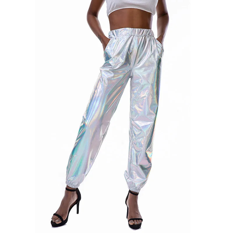 Women Nightclub Pole Dance Trousers Hip Hop Slacks Dj Costume Street Dance Stage Wear Party Holographic Pants Cheerleading Loose