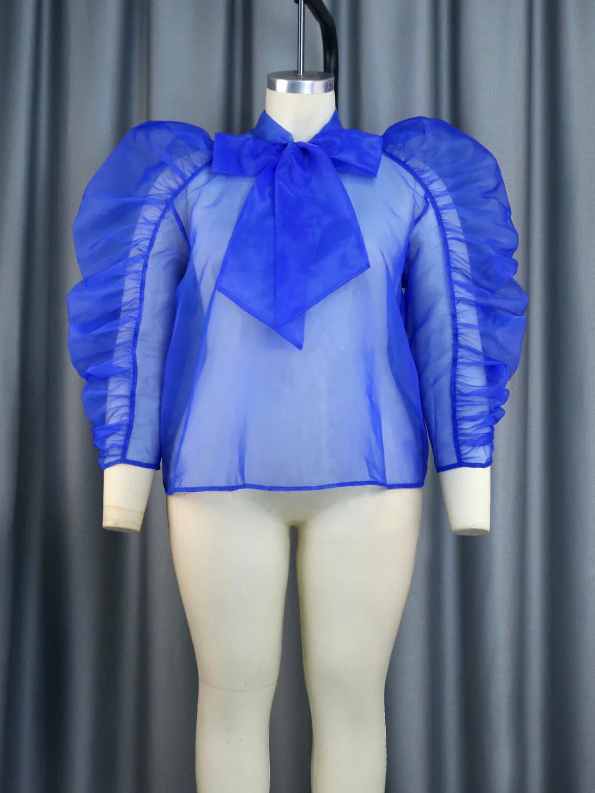 Women See Through Blouse Puff Sleeve Tops Sexy Blue Transparent Loose Casual Evening Night Club Party Shirt Blouse 4XL Plus Size