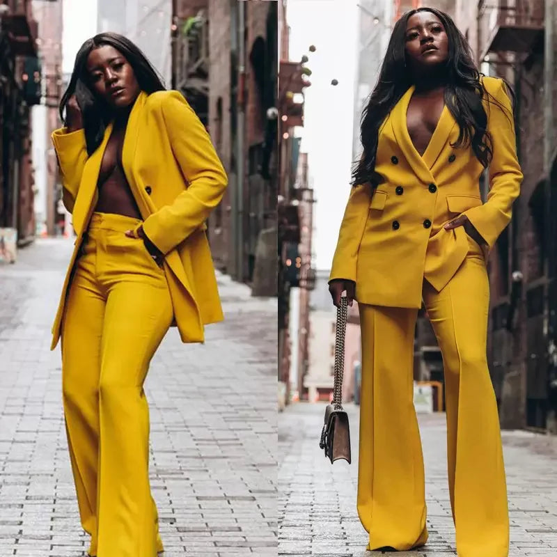 Women's Suit Double Breasted Jacket Yellow 2 Piece Loose Blazer Pants Lady Business Workwear Pants Set