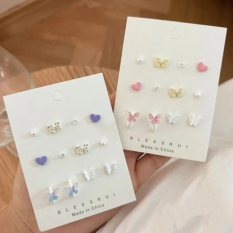 12Pcs 925 Silver Needle Stud Earrings for Women Girls Butterfly Pearl Wave Dots Sweet Simple Colorful Accessories Jewelry Gift