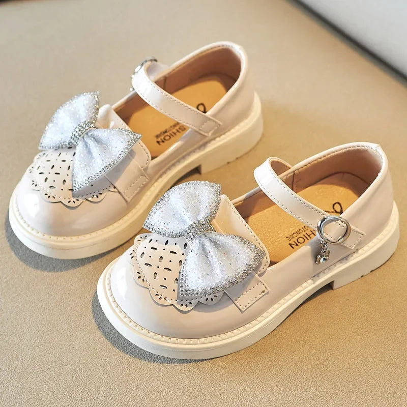 Toddlers Girls Leather Shoes Children‘s Party Flats for Kids Loafers Bowtie 4-9y 2023 New Arrival ZY95-96