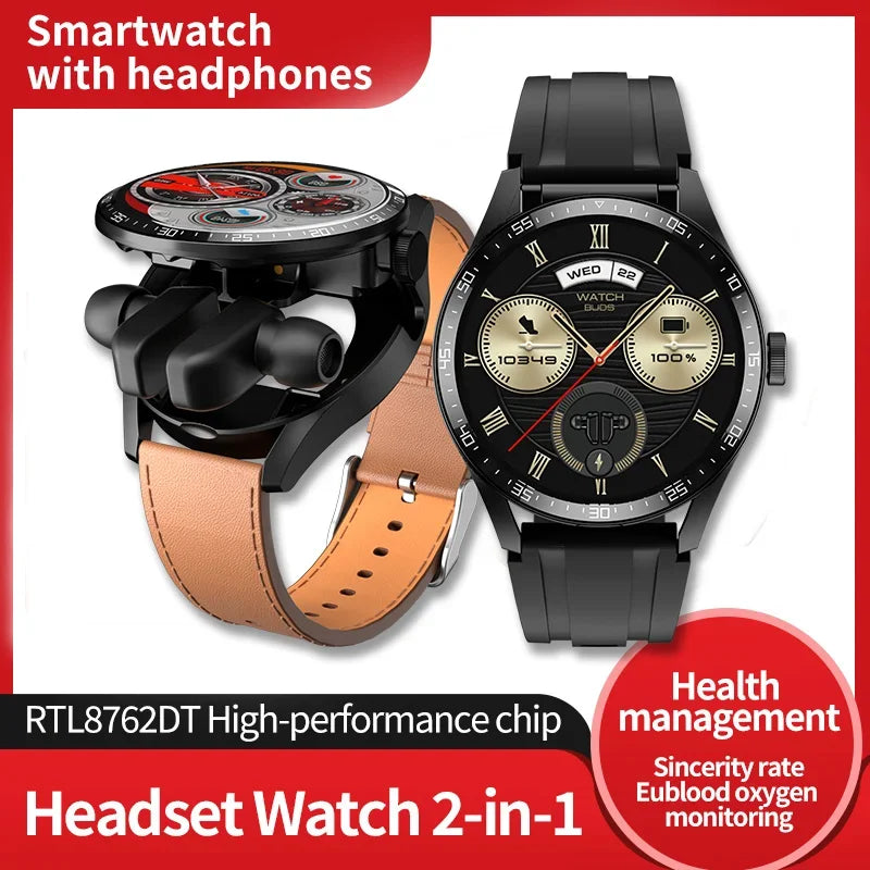 2024 New GT5 Bluetooth Headset 2-in-1 Men's Smart Watch AMOLED Screen Health Detection Step Meter Sports Smart Watch NFC