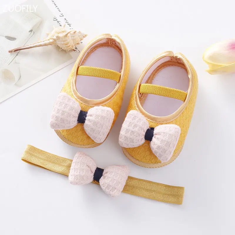 0~18M Cute Bowknot Newborn Baby Shoes Headband Set Anti Slip Toddler Infant First Walker Baby Girls Newborn Soft Sole Pink Shoes