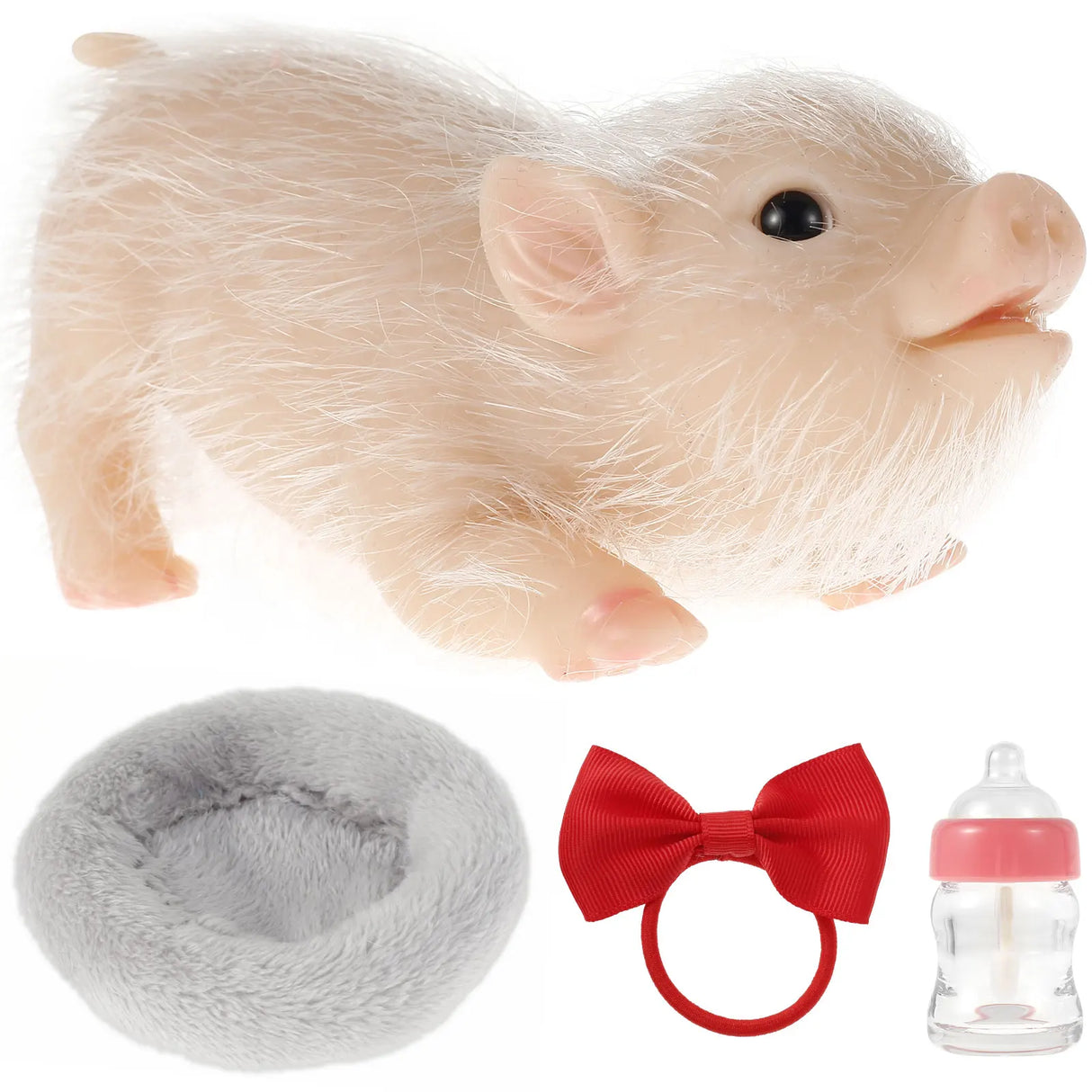 Silicone Pig Doll Toy with Pig Bowknot Nursing Bottle Sleeping Pad Mini Soft Lifelike Animal Pig Doll Cute Realistic Reborn Pig