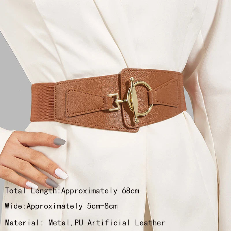 Women Elastic Stretch Waistbands  Female Gold Round Buckle Belts Fashion Wide Waist BeltsLadies Decorative Belt For Dress Coats