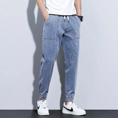 2024 Autumn Men's Jeans Jogger Thin Harem Pants Cotton Banded Pant Korea Style Light Blue Hip Hop Beam Feet Casual Trousers Male