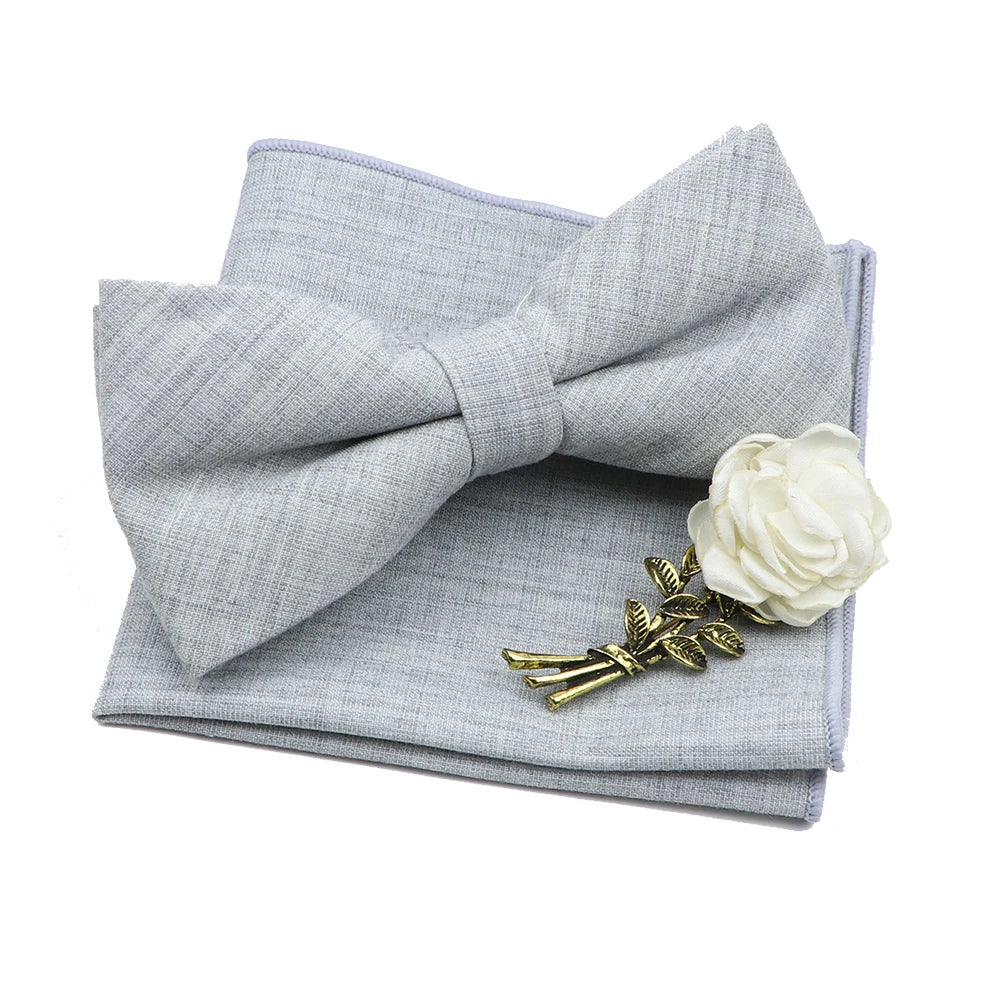 Solid Color Mens Bowtie Brooch Set 100% Cotton Pink Blue Bow Tie Flower Lapel Pin Romantic Wedding Party Suit Shirt Accessories