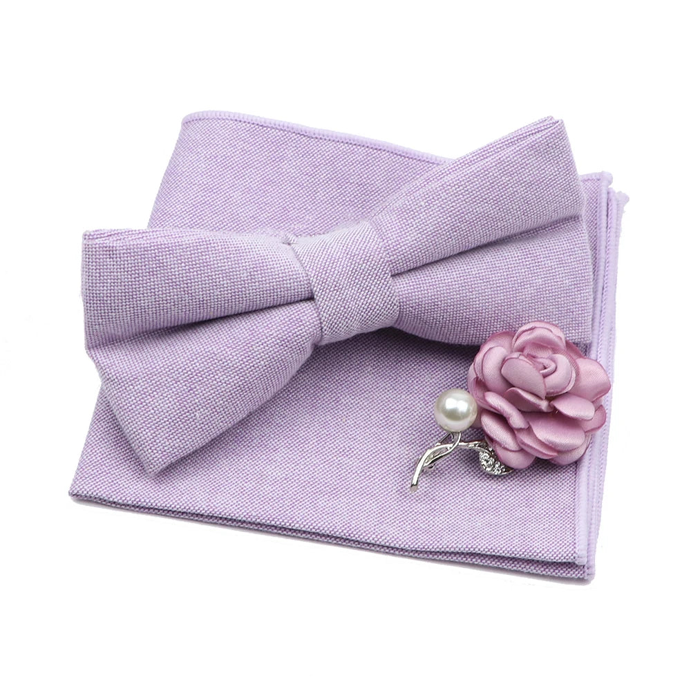 Solid Color Mens Bowtie Brooch Set 100% Cotton Pink Blue Bow Tie Flower Lapel Pin Romantic Wedding Party Suit Shirt Accessories