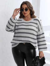 GIBSIE Plus Size Drop Shoulder Button Detail Striped O-Neck Sweater Women 2023 Autumn Winter Korean Loose Knitted Jumper Female