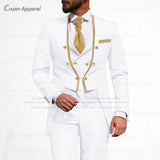 Latest Royal Blue Suit Men 3Pcs Slim Fit Wedding Best Man Groom Tuxedo Double Breasted Gold Trim Jacket Vest Pants Set Tailcoat