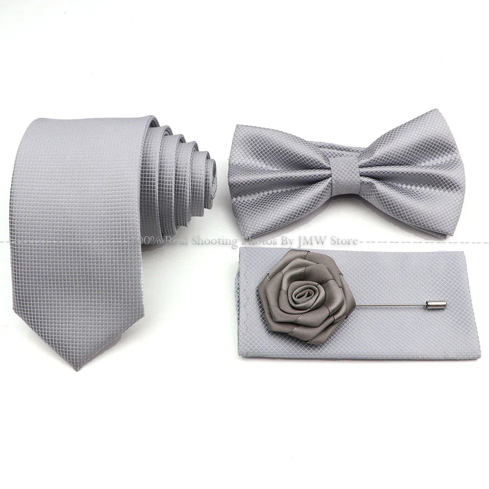 5 Pcs Slim Plaid Tie Set Polyester Pink Blue Necktie Bowtie Cufflink Brooch For Groom Suit Wedding Cravat Shirt Accessory Gift