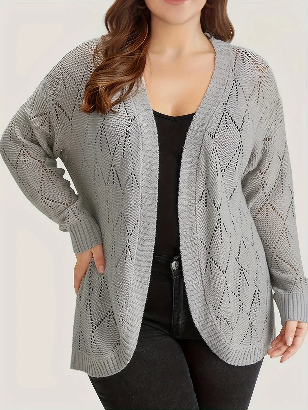 Plus Size Women's Solid Hollow Out Open Front Cardigan