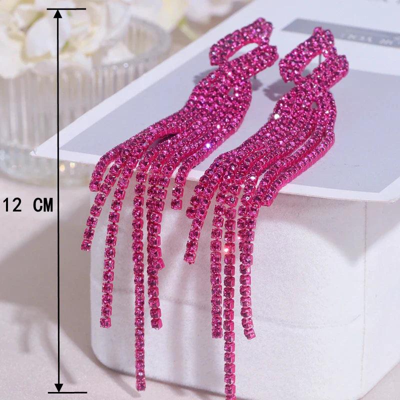 2022 New Sparkling Full Rhinestone Long Tassel Dangle Earrings for Women Bijoux Trendy Large Drop Earrings Wedding Jewelry Gifts