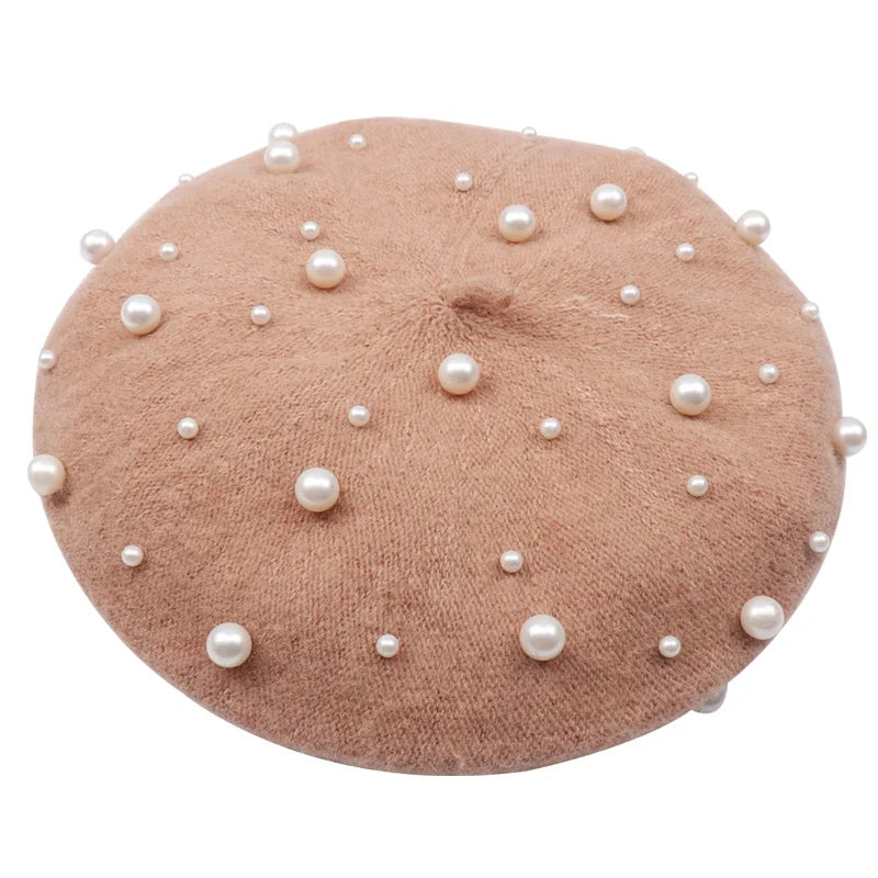 Winter Hat Knitted Wool Beret Bonnet Female French Winter Warm Pearl Berets Caps For Women Beading Ski Boina Painter Gorras