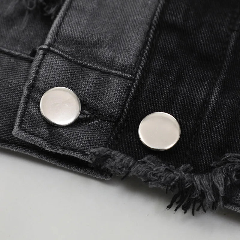 American High Street Washed Gray-black Stitching Pierced Denim Jacket Irregular Burr Long Sleeve Jacket Men