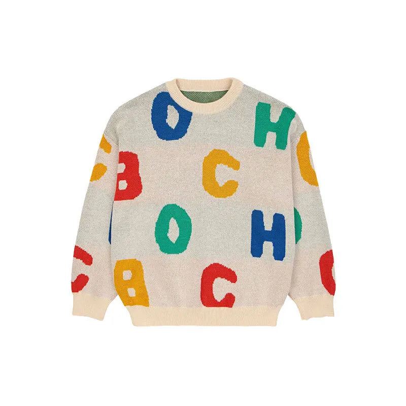 Children's Sweater Winter 23 Boys Color-blocked Pullover Warm Knit Sweater Girls Cartoon V-Neck Cardigan Alphabet Sweater