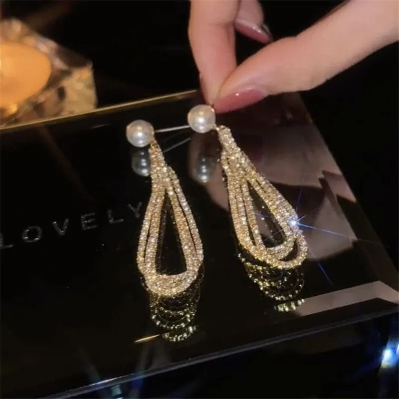 2023 New Fashion Trend Unique Design Elegant Delicate Zircon Tassel Pearl Earrings Women Jewelry Party Premium Gifts Wholesale