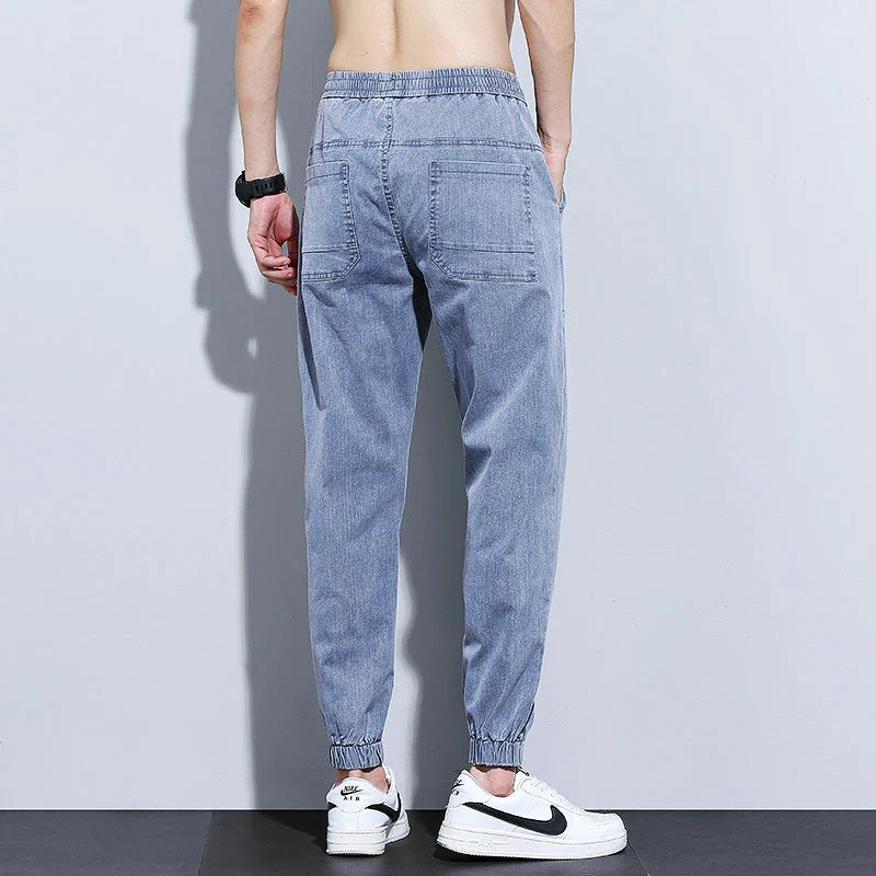 2024 Autumn Men's Jeans Jogger Thin Harem Pants Cotton Banded Pant Korea Style Light Blue Hip Hop Beam Feet Casual Trousers Male