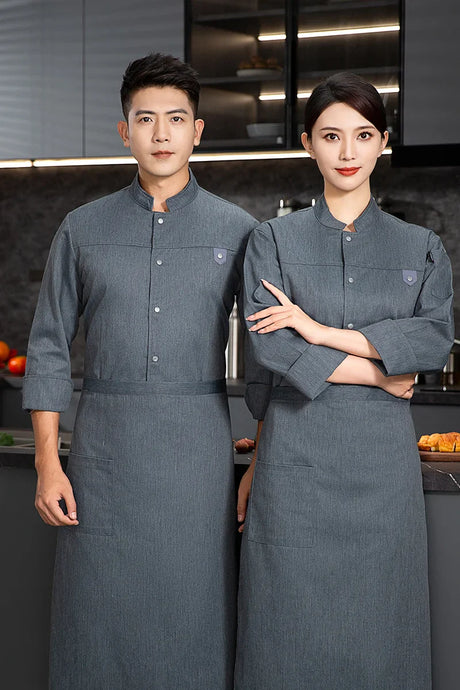 grey Chef uniform Long Sleeve chef jacket Cook Coat Chef T-shirt Baker Work Uniform Waiter Restaurant Hotel Clothes women Logo