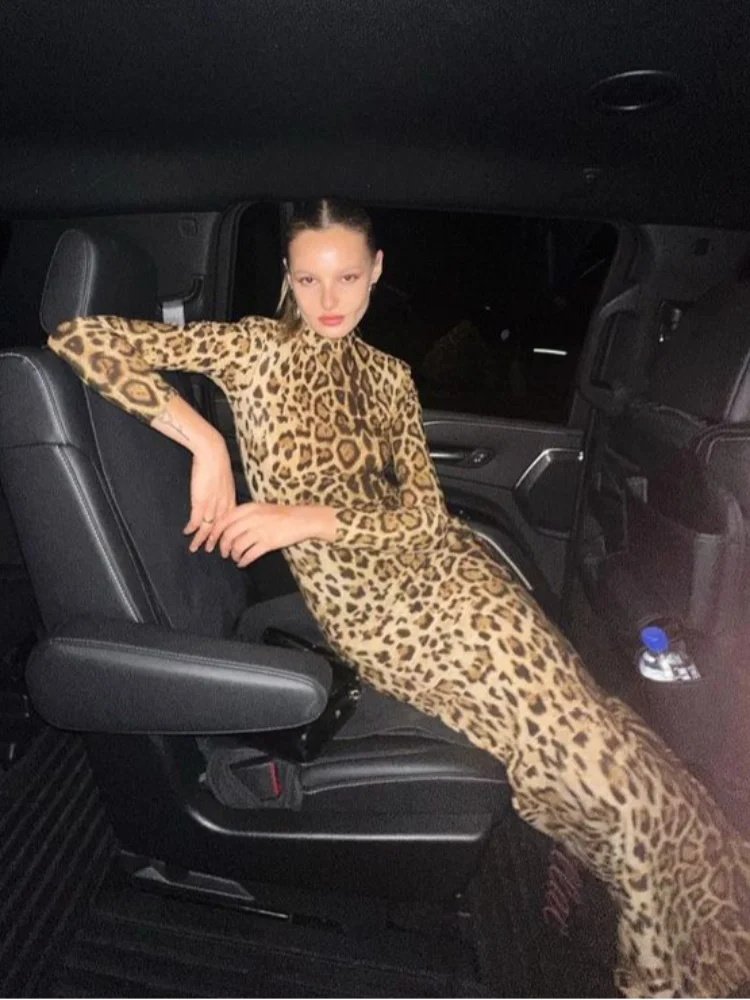 Sexy Leopard Print Dress Women Long Sleeve Turtleneck Slim Midi Female Dresses 2024 Spring Summer Fashion Bodycon Vestidos