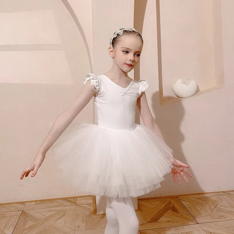 Girls Ballet Tutu Leotard Criss Cross Strap Back Flutter Ruffle Sleeve Ballerina Outfit Dance Dress for Toddler Gymnastic Swan