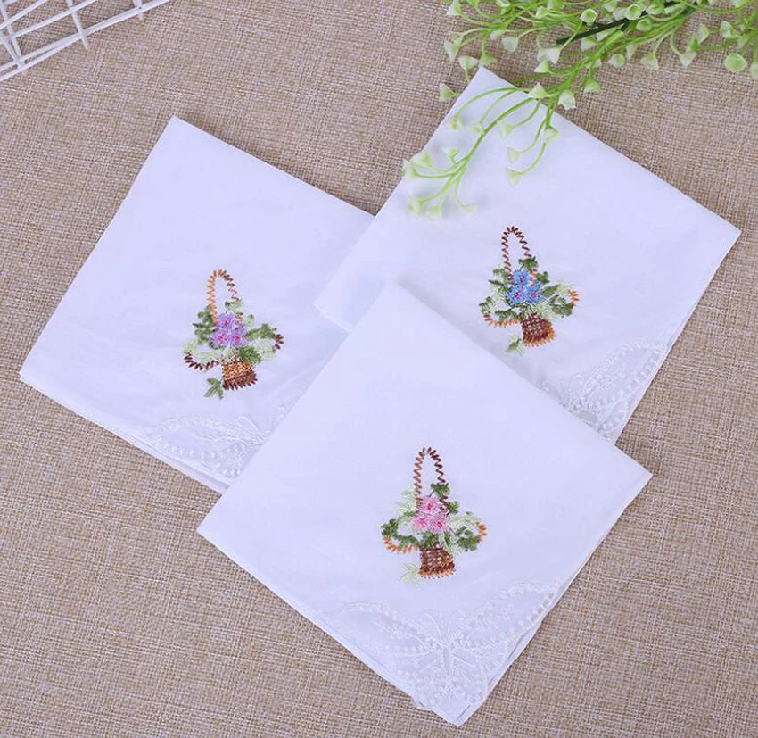 10pcs Handkerchief Cotton Floral Embroidery Lace Edge Square Towel