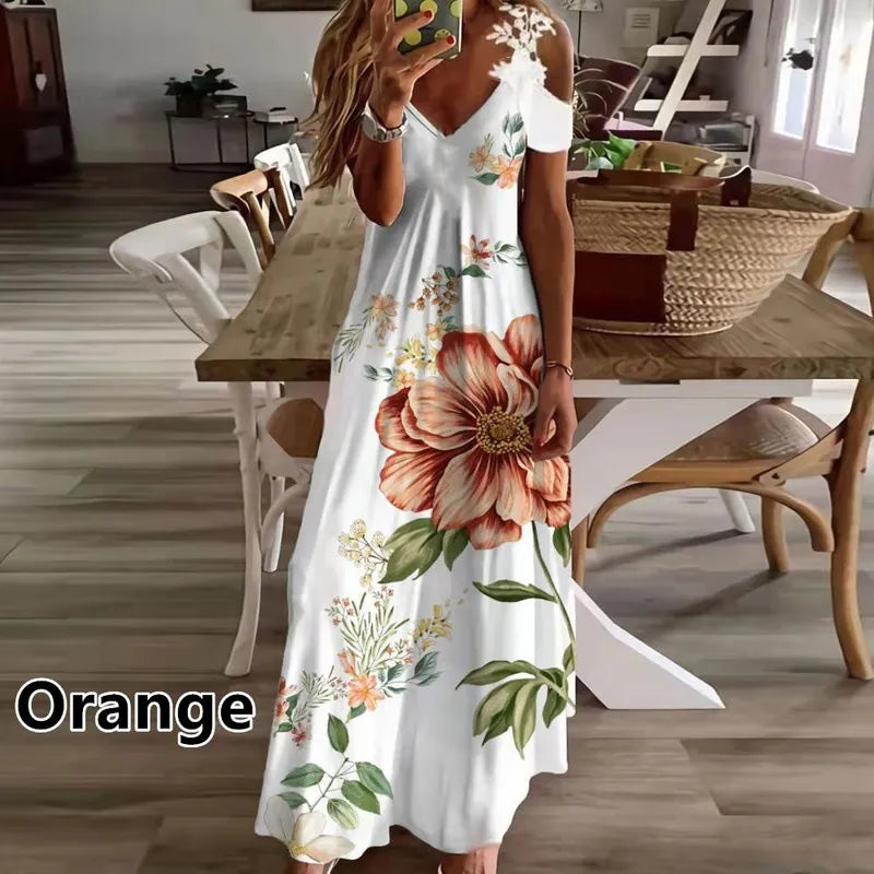 Plus Size Women Floral Print Maxi Dress Boho Lace Sling Hollow Out Long Dress Casual Loose V-Neck Beach Party dress Vestidos