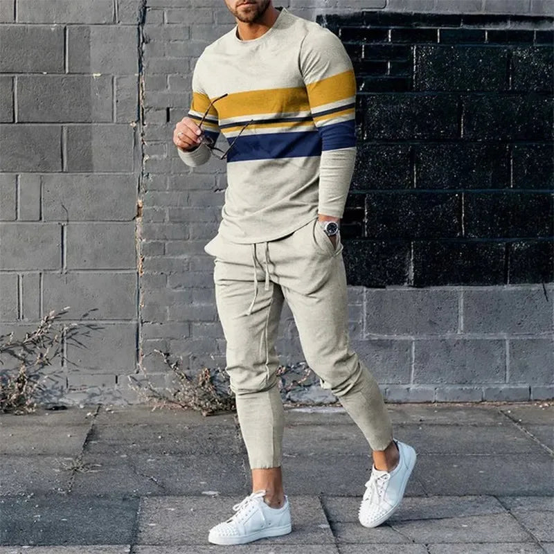 Autumn Men's Tracksuits Set Casual Long Sleeve T-shirt Trousers Sets Striped 2 Piece Suits Male Clothing Jogging Pants Outfits