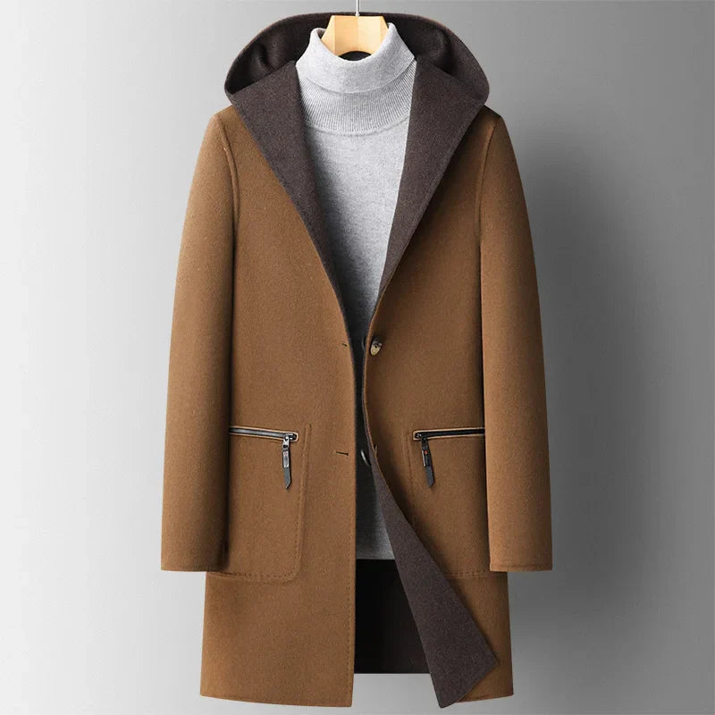 Luxury Top Quality Double-sided Wool Trench Coat For Men Autumn Winter Fashion Mid-length Hooded Woolen Long Coat Man Clothing