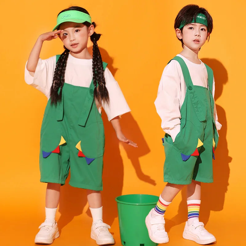 Kids Street Dance Clothes Children Showing Hip Hop Clothing White T Shirt Green Overall Shorts for Girls Boys Jazz Dance Costume