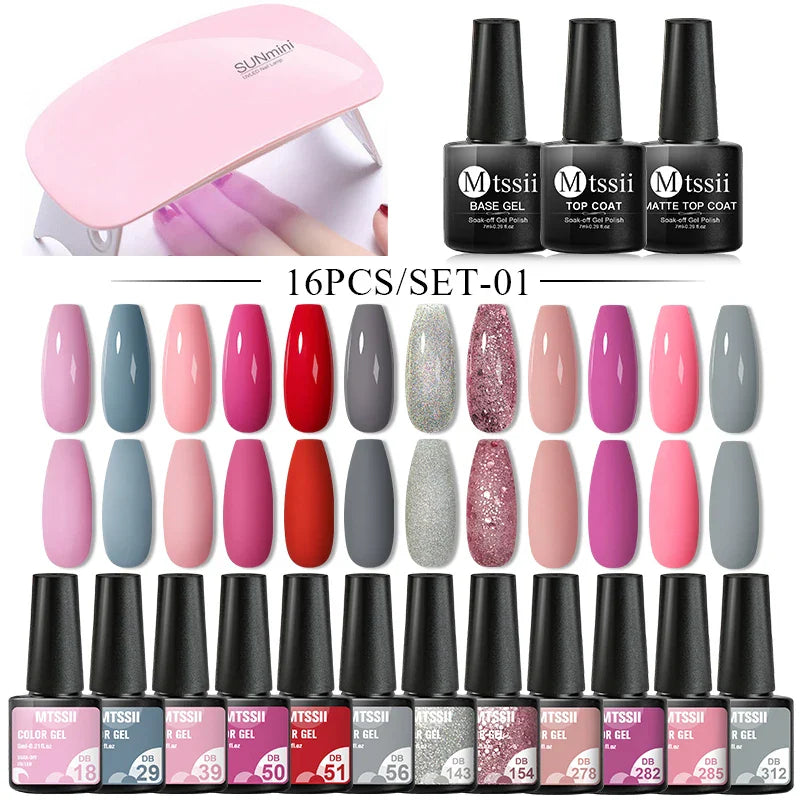 Mtssii  13/16Pcs Gel Nail Polish Set With 36W UV Lamp Dryer Manicure Kit Semi Permanent Soak Off Base Top Coat Nail Art UV Gel