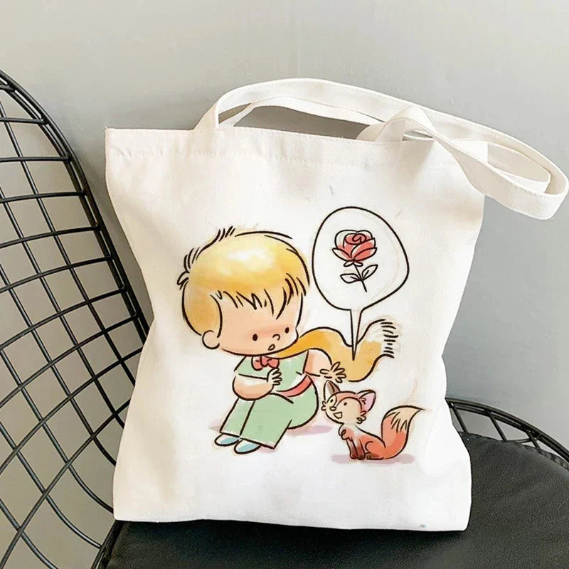 Fashion Trend Cartoon Print Canvas Tote Bag Korea Shopping Bag Ladies Daily Versatile Shoulder Bag Little Prince Pattern Handbag