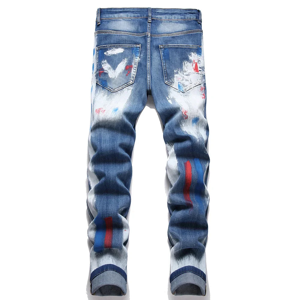 Men's Painted Button Fly Denim Jeans Streetwear Blue Stretch Pants Slim Tapered Trousers