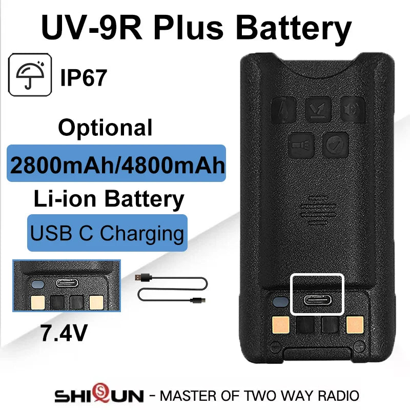 Baofeng UV-9R Battery USB C Charge 4800mAh Li-ion 7.4V UV-9R Pro UV-9G GMRS-9R UV-9R Plus BF-T57 Walkie Talkie Accessory 2800mAh