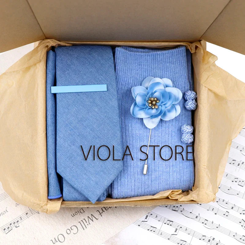 Viola Design 5PCS Gift Box Solid Cotton Sock Tie Sets Clip Pin Cufflinks Hanky Colorful Men Wedding Party Daily Cravat Accessory