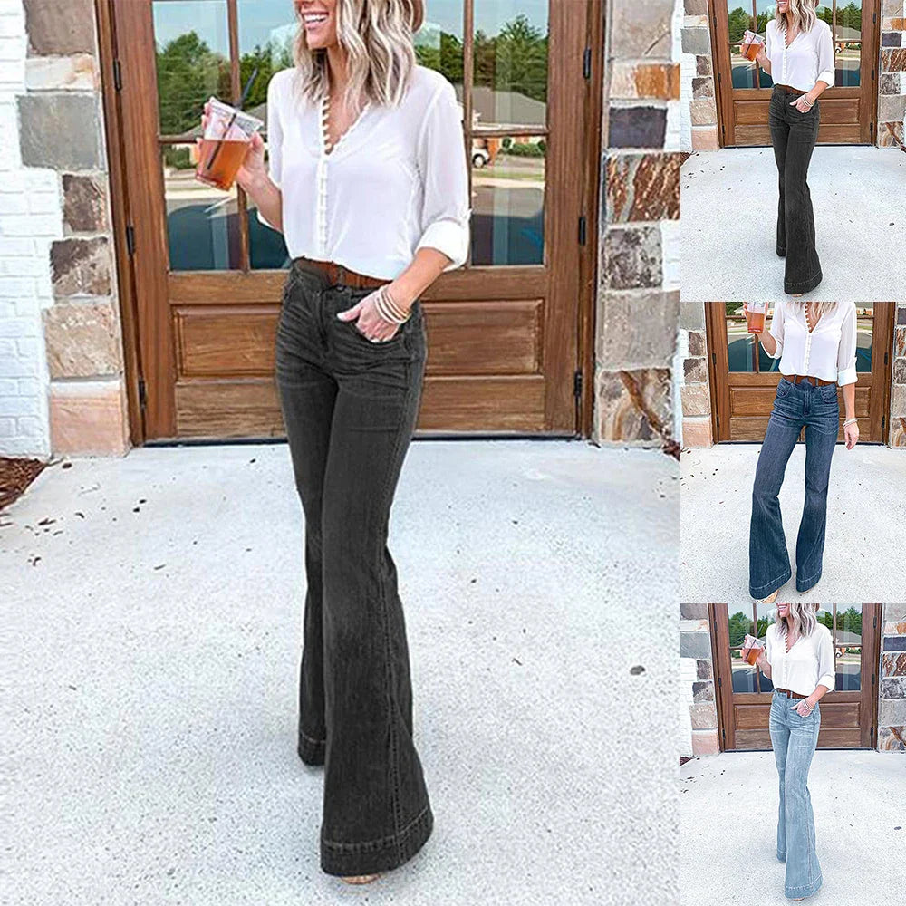 Women's Casual High Waist Jeans Wide Leg Denim Pant Flared Bell Bottom Trousers Ladies Fashion Flower Legging Clothing Plus Size