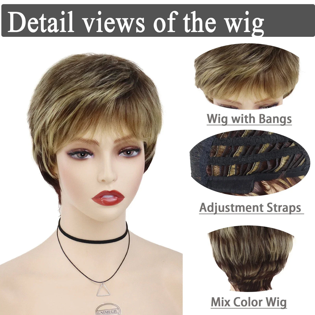 GNIMEGIL Synthetic Short Pixie Cut Wig Women Natural Hairstyle Bangs Wig Blonde Mix Brown Soft Straight Wig for Chemo Patient